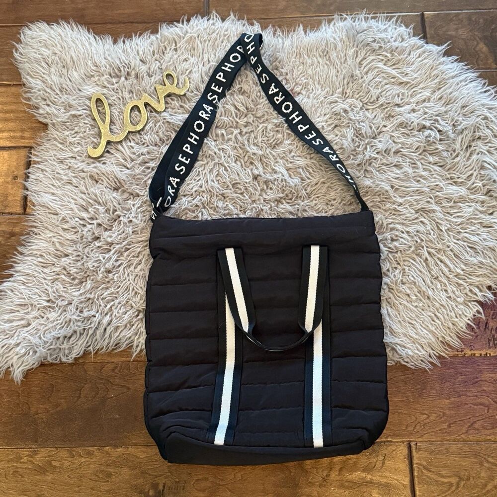 Sephora Puffy Puffer Quilted Large Crossbody Tote Travel Bag Black Zipper